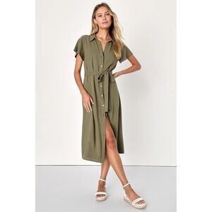 Lulus Womens Large Italian Summer Midi Dress Olive Green Button Linen Boho Beach